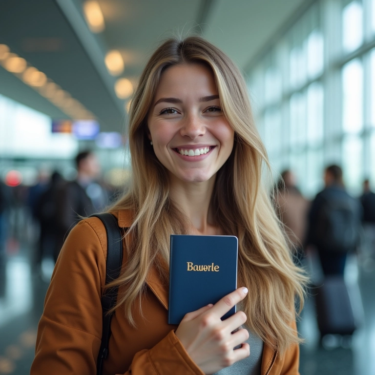 Visto Europeu: Como Tirar o Seu Mulher sorrindo no aeroporto com passaporte e passagem aérea, pronta para viajar para a Europa.