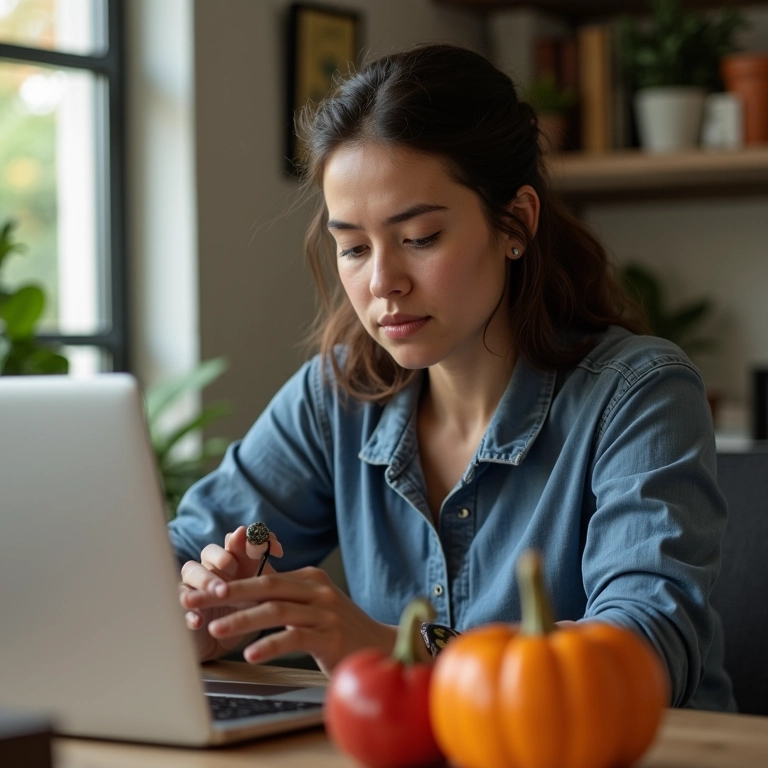 Mulher usando a técnica Pomodoro com um timer e laptop, em um ambiente de estudo aconchegante.