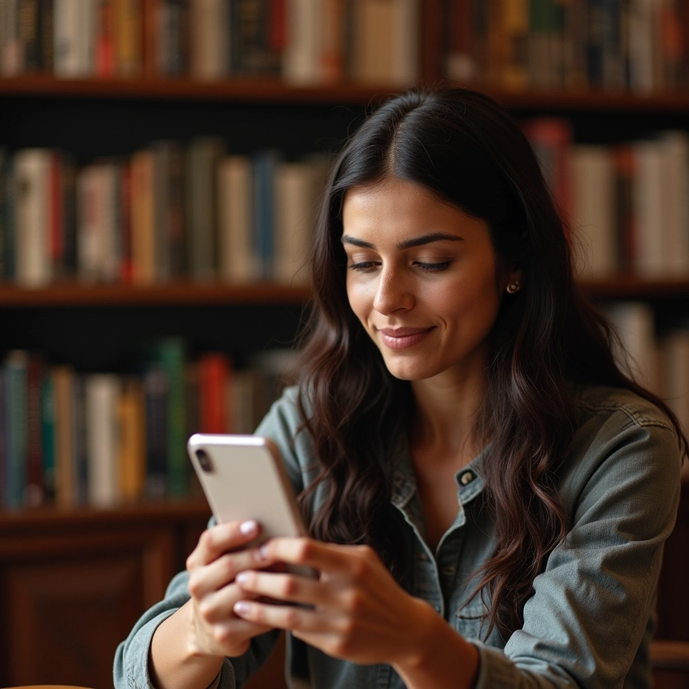 Mulher usando Instagram em uma livraria, representando o público mais maduro e segmentado da plataforma.