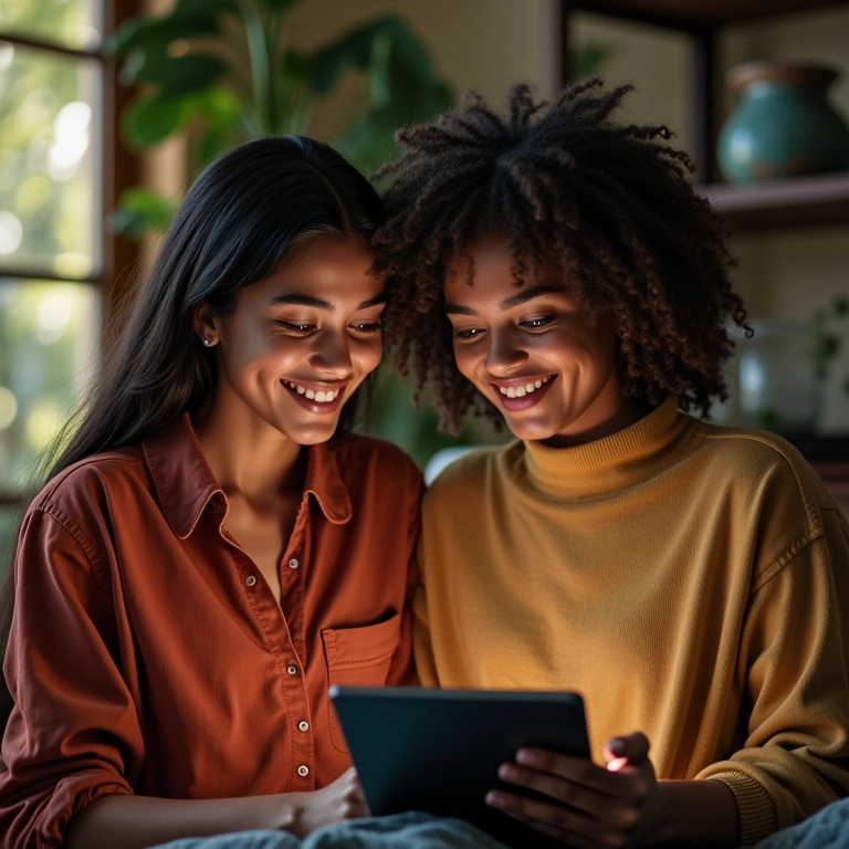 Mulheres brasileiras comparando preços de viagem em tablet em apartamento aconchegante.