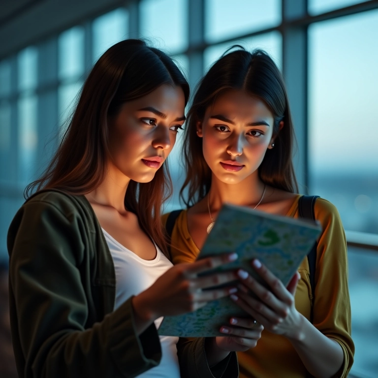 Mulheres brasileiras consultando smartphone e mapa em aeroporto com expressão preocupada.