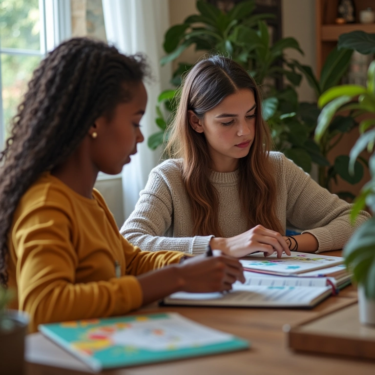 Mulheres diversas agendando um horário para leitura em um planejador colorido em casa.