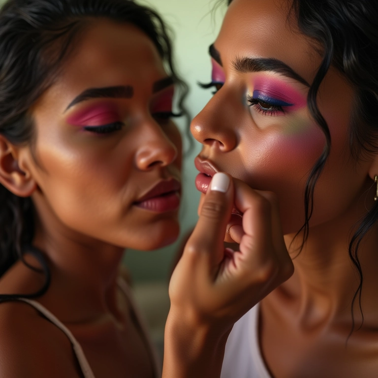 Tendência de maquiagem 2025: o que esperar Mulheres diversas aplicando maquiagem colorida, tendência 2025.