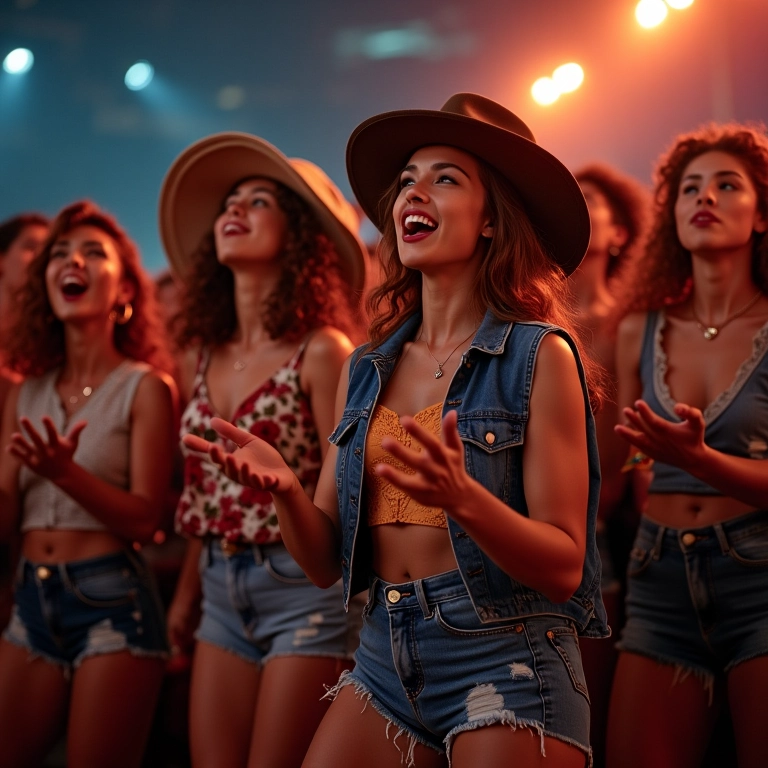 Looks para show sertanejo: ideias de produções Mulheres jovens e diversas em show sertanejo, vestindo looks estilosos com jeans e botas.