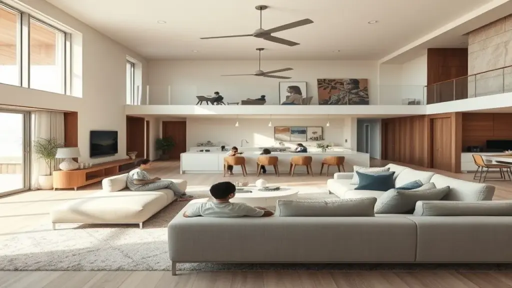 Open-concept living room in a modern Brazilian house with integrated spaces, neutral colors, and Sala de estar moderna com espaços integrados e design funcional no Brasil.