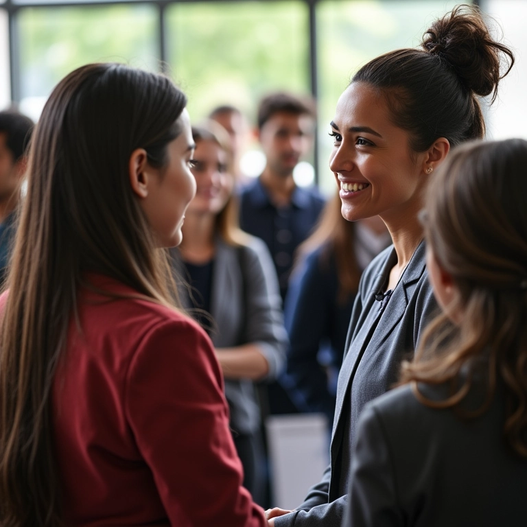 Pai conversando com professor em evento escolar.
