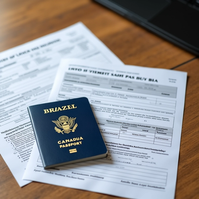 Passaporte brasileiro com formulário de visto canadense sobre uma mesa.