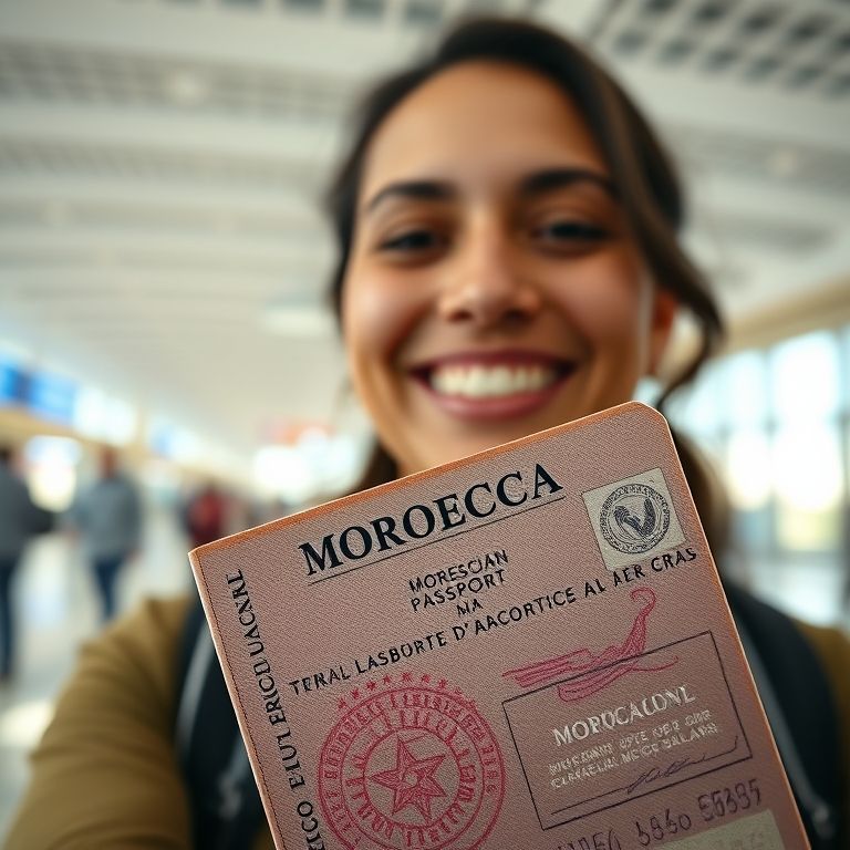 Passaporte marroquino com carimbos, mulher brasileira sorrindo no aeroporto.