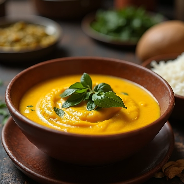 Pato no Tucupi servido em tigela de cerâmica, molho amarelo vibrante e arroz.