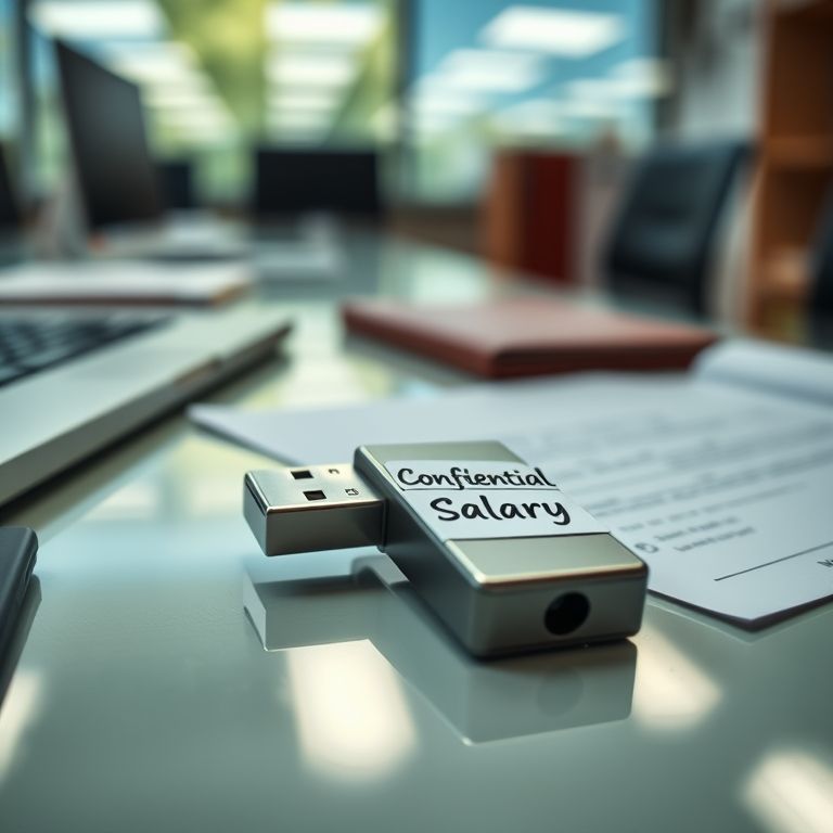 Pen drive com a etiqueta 'Informações Salariais Confidenciais' sobre uma mesa.