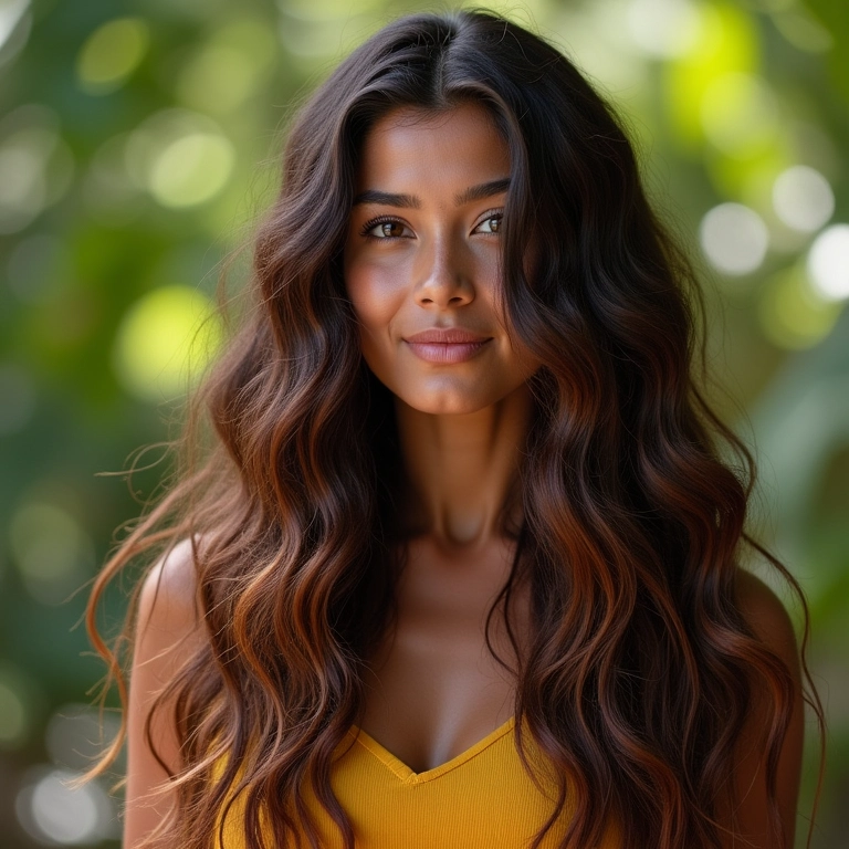 Penteados Para Cabelos Muito Longos: 15 Ideias Penteados para cabelos muito longos: modelo morena exibindo diferentes estilos em ambiente vibrante.