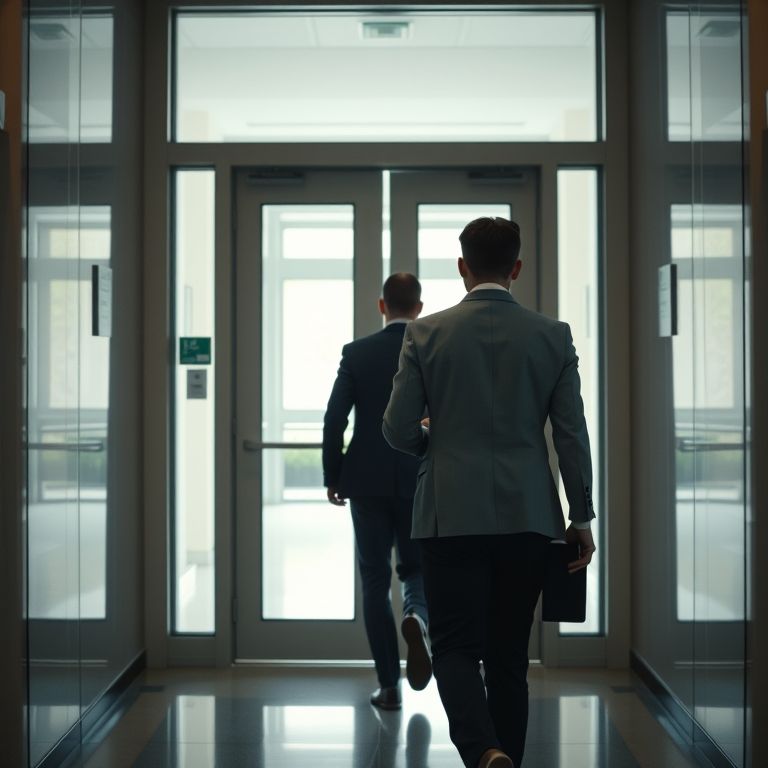 Pessoa seguindo outra de perto através de uma porta de segurança.