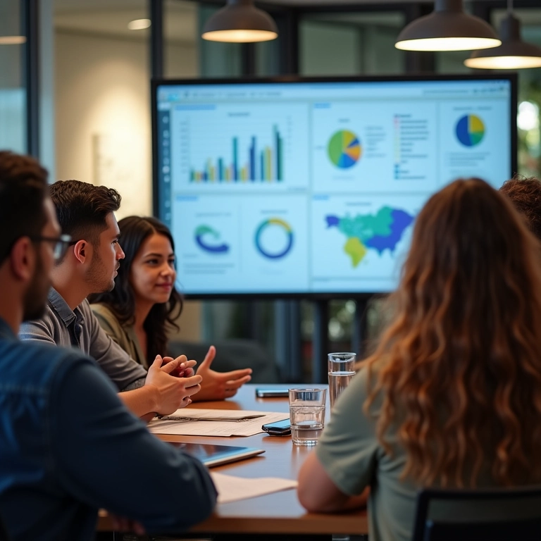 O que é o IDEB da sua Escola e Como Consultar Pessoas analisando dados educacionais em um escritório vibrante.