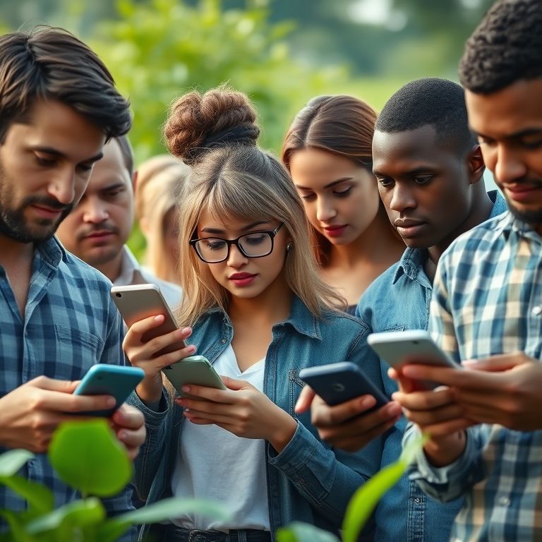 Engenharia Social: O Golpe que Usa a Psicologia Pessoas diversas olhando para seus celulares com expressão de desconfiança, representando a ameaça da engenharia social.