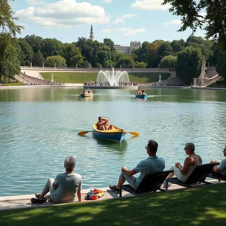 Pessoas relaxando no Parque del Retiro com lago e vegetação exuberante.