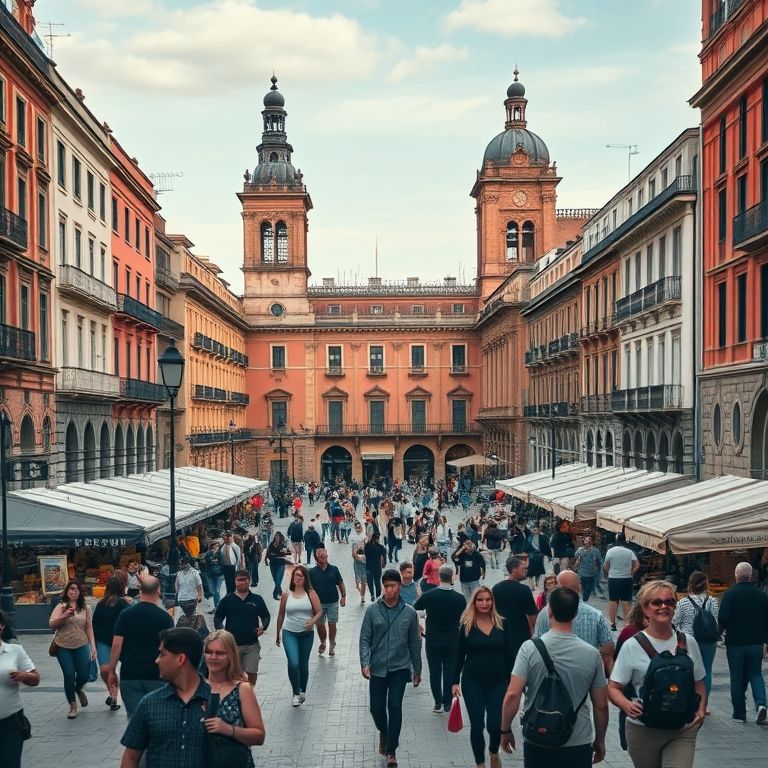 Plaza Mayor movimentada com arquitetura histórica e atmosfera vibrante.