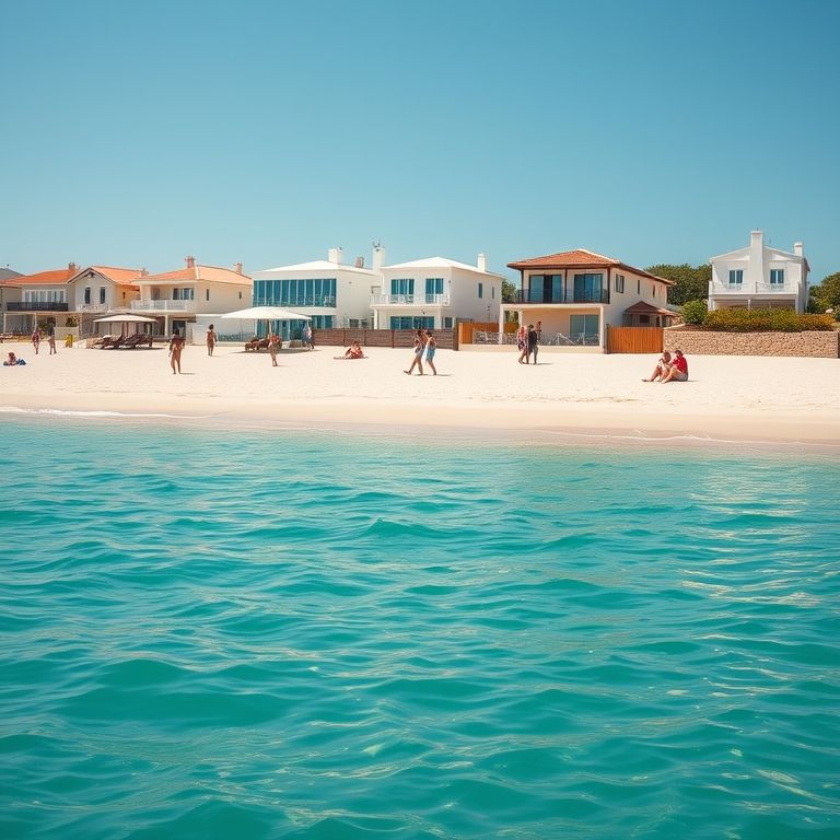 Praia da Baleia, litoral norte, águas calmas, casas de praia sofisticadas ao fundo.