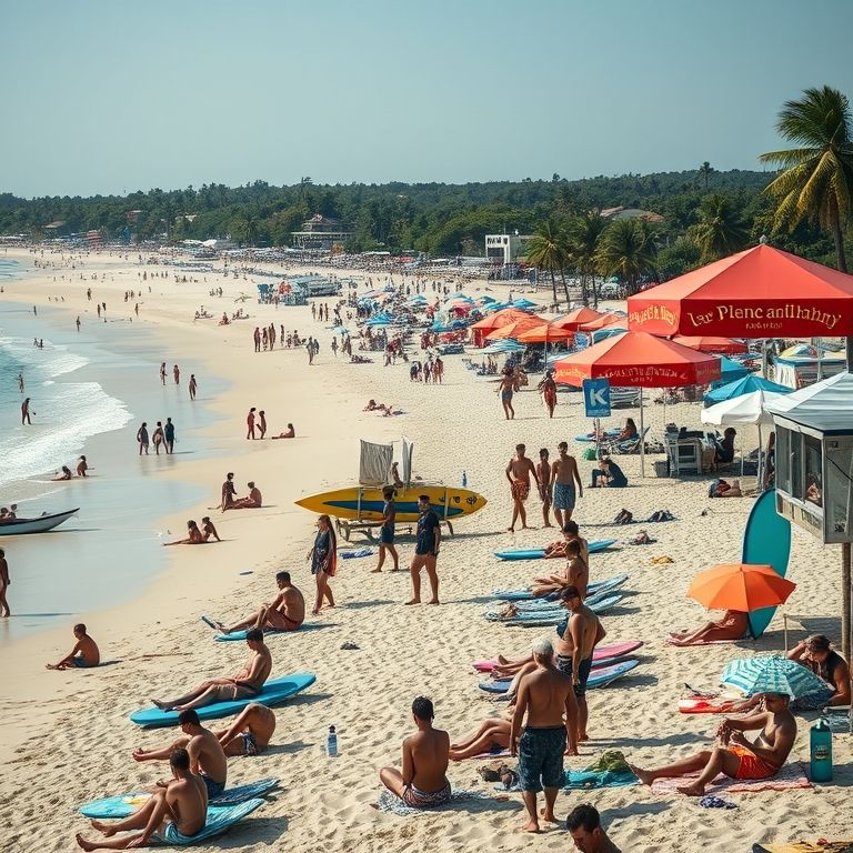 Praia de Camburi, litoral norte, com movimento de pessoas, guarda-sóis coloridos e clima vibrante.