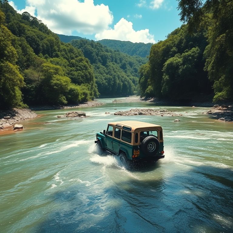 Praia de Castelhanos, Ilhabela, com um veículo 4x4 atravessando um rio em meio à natureza.
