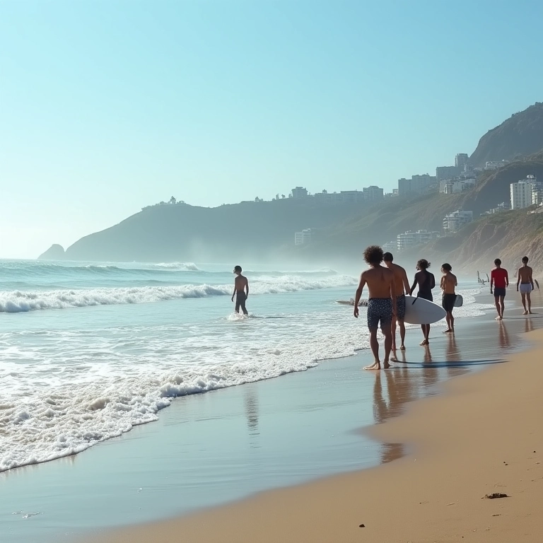 Praia de Jatiúca com surfistas e ambiente urbano.