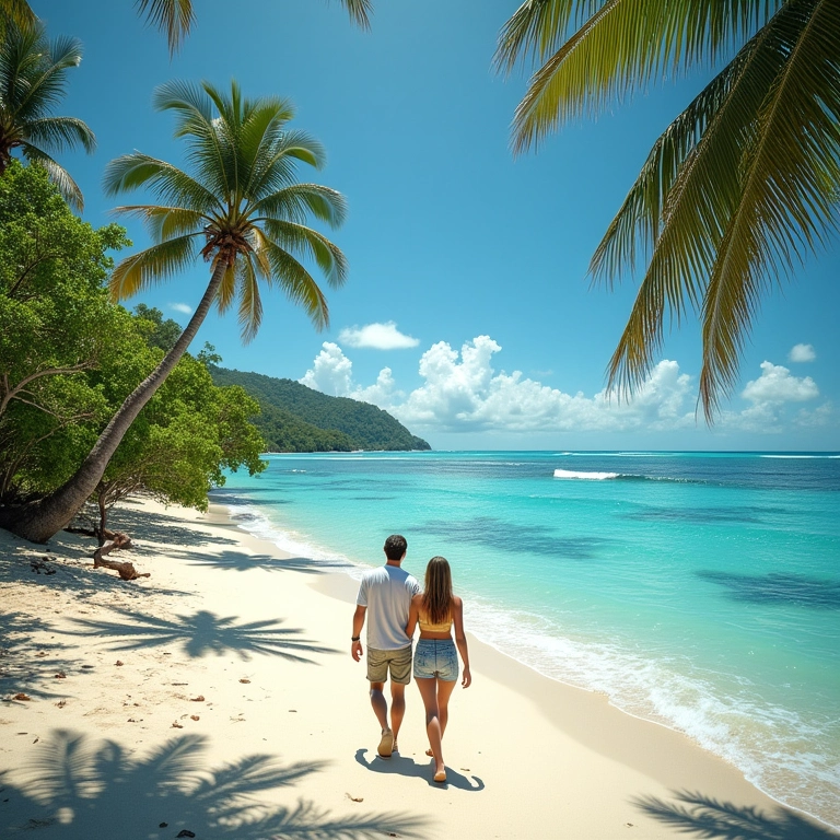 Praia de Maragogi com água turquesa e coqueiros.