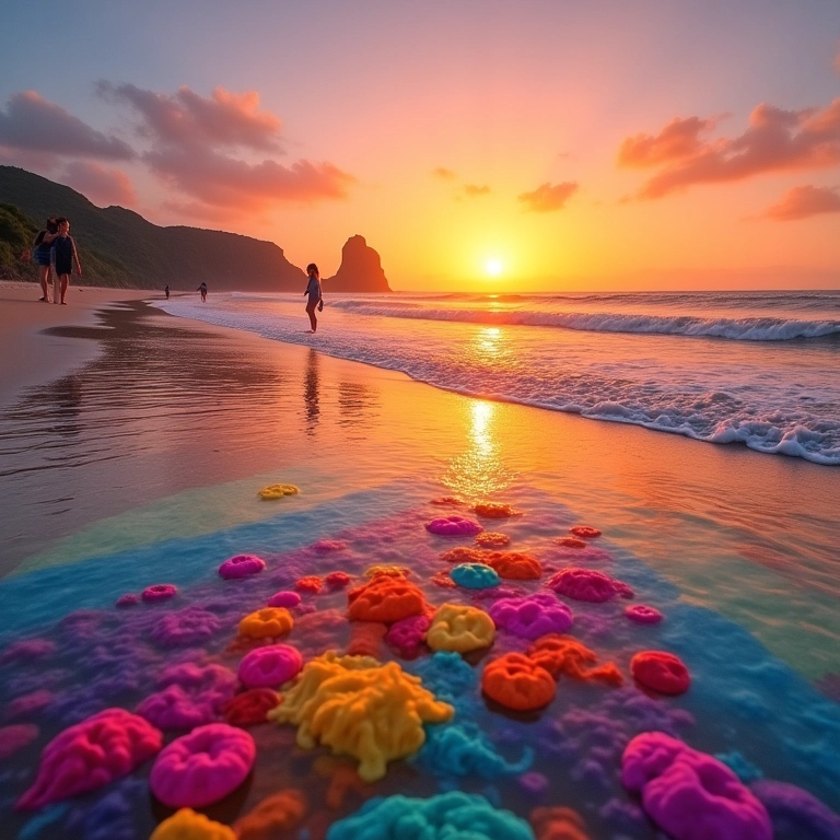 Praia de Ponta Verde com jangadas coloridas.