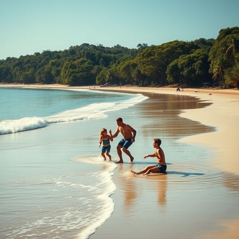 Praia do Félix, Ubatuba, com uma família se divertindo na areia e ondas calmas.