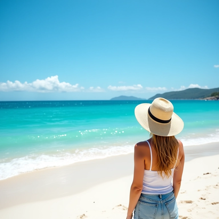 Praia paradisíaca em Florianópolis com água cristalina e uma mulher aproveitando a vista.