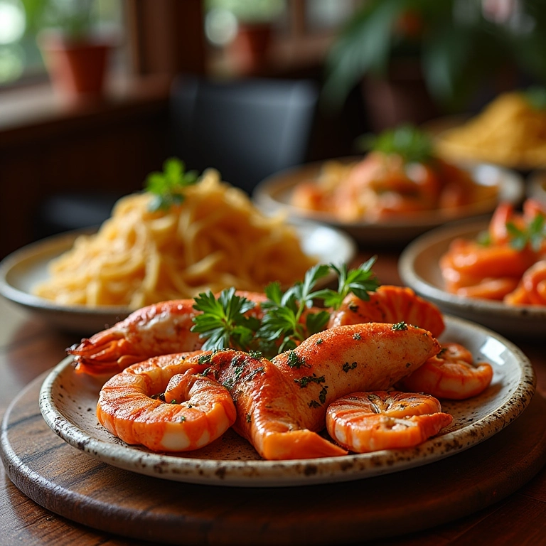 Pratos de frutos do mar em um restaurante rústico em Florianópolis, com peixes frescos e temperos locais.