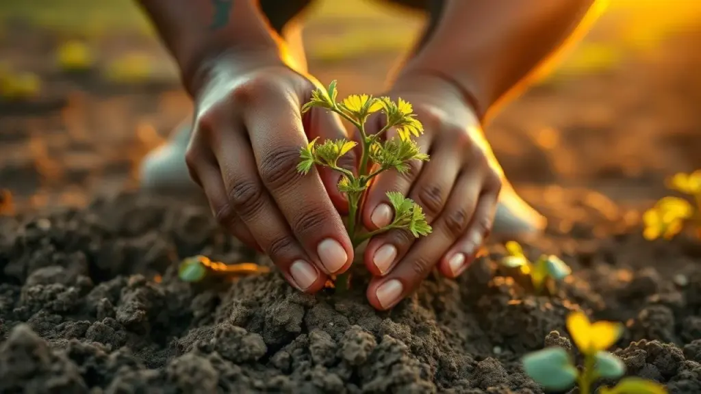 Como Plantar Batata Inglesa o Passo a Passo do Plantio à Colheita Mãos plantando batata inglesa em solo fértil, luz dourada.