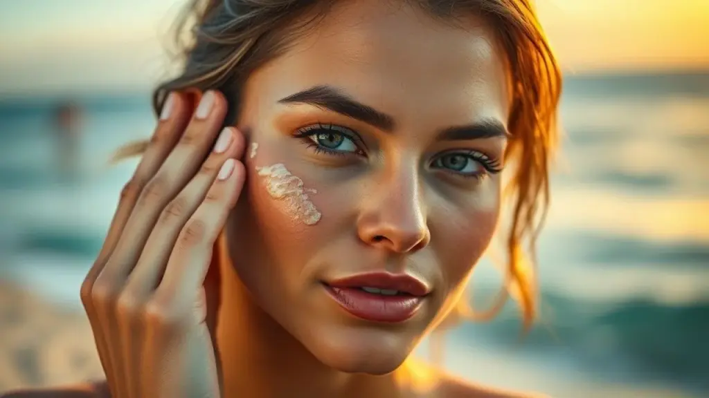 O Verão está chegando: Dermatologista alerta sobre a importância dos cuidados com a pele na estação Mulher aplicando protetor solar no rosto em praia brasileira ensolarada.