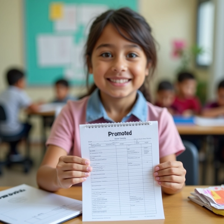 Professor carimbando 'Aprovado' em boletim escolar.