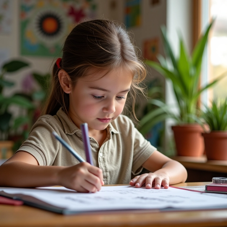 Professor identificando aluno em relatório com decoração vibrante ao fundo.
