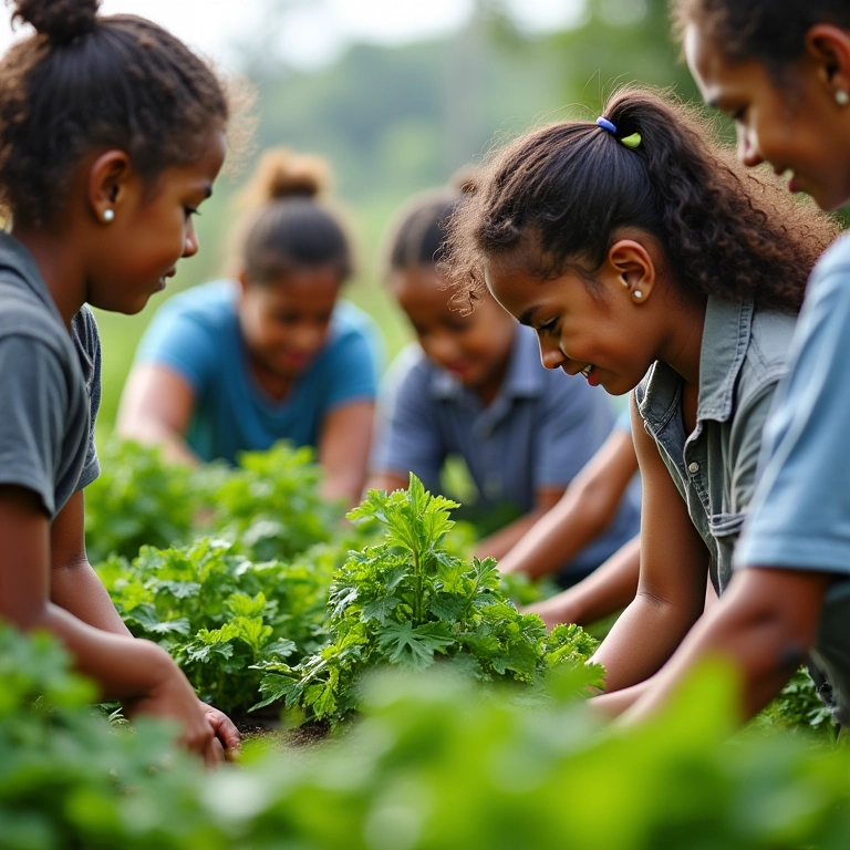 Professores colhendo vegetais frescos em uma horta escolar, promovendo saúde e bem-estar.