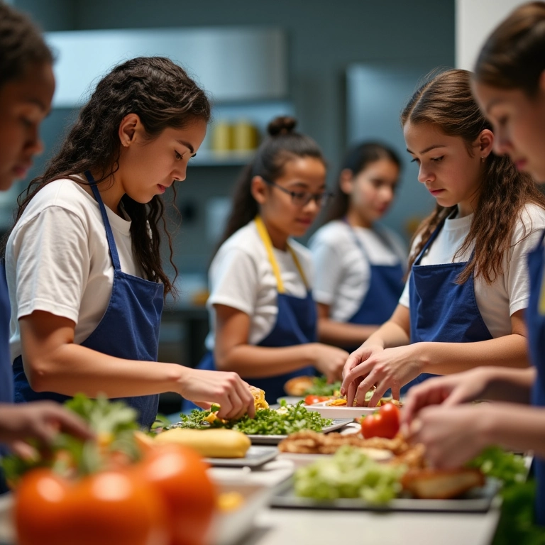 Professores preparando refeições saudáveis em uma cozinha escolar.