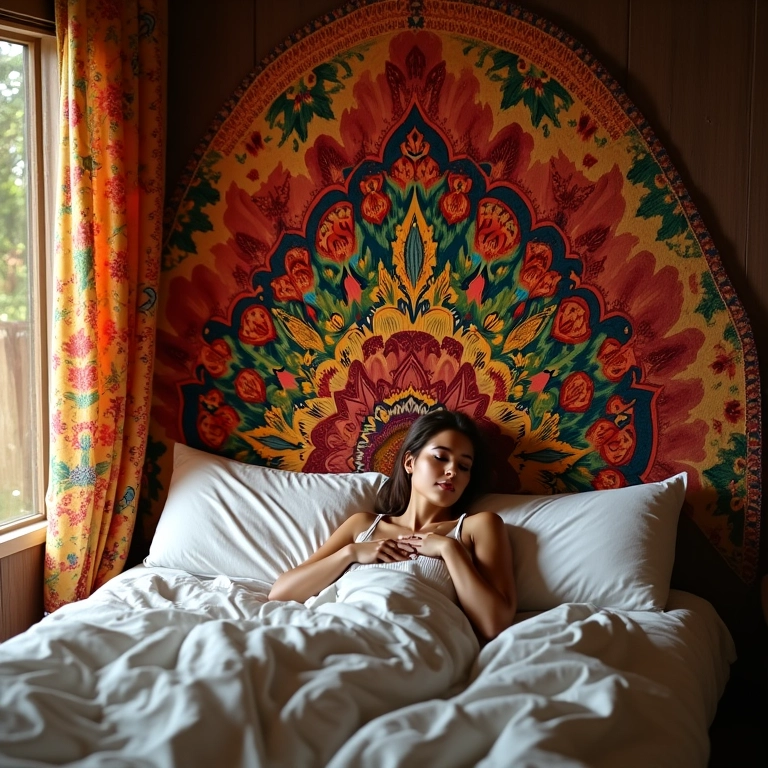 Quarto aconchegante com biombo estampado usado como cabeceira de cama.