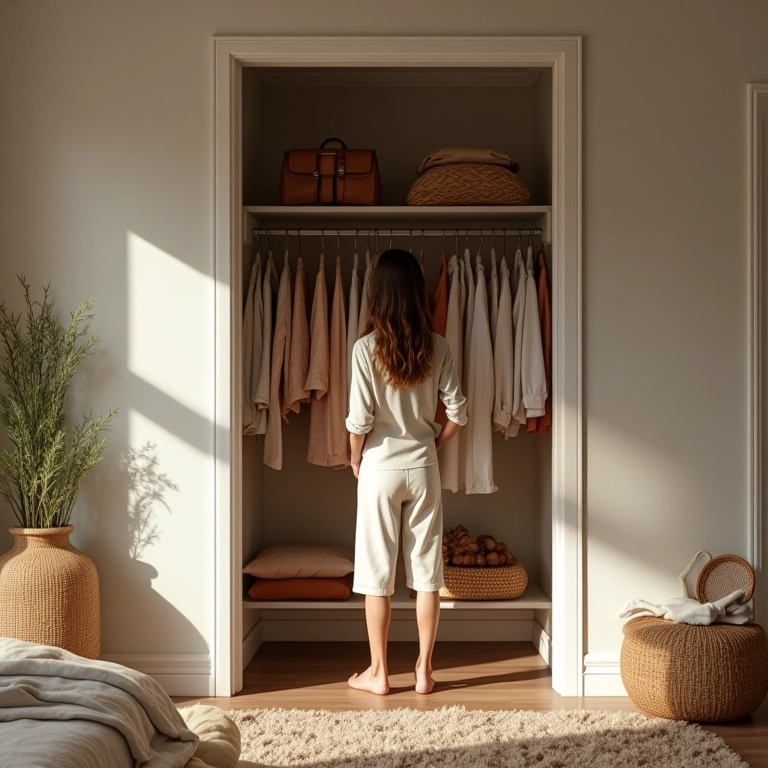 Quarto chique com biombo criando um closet aberto.