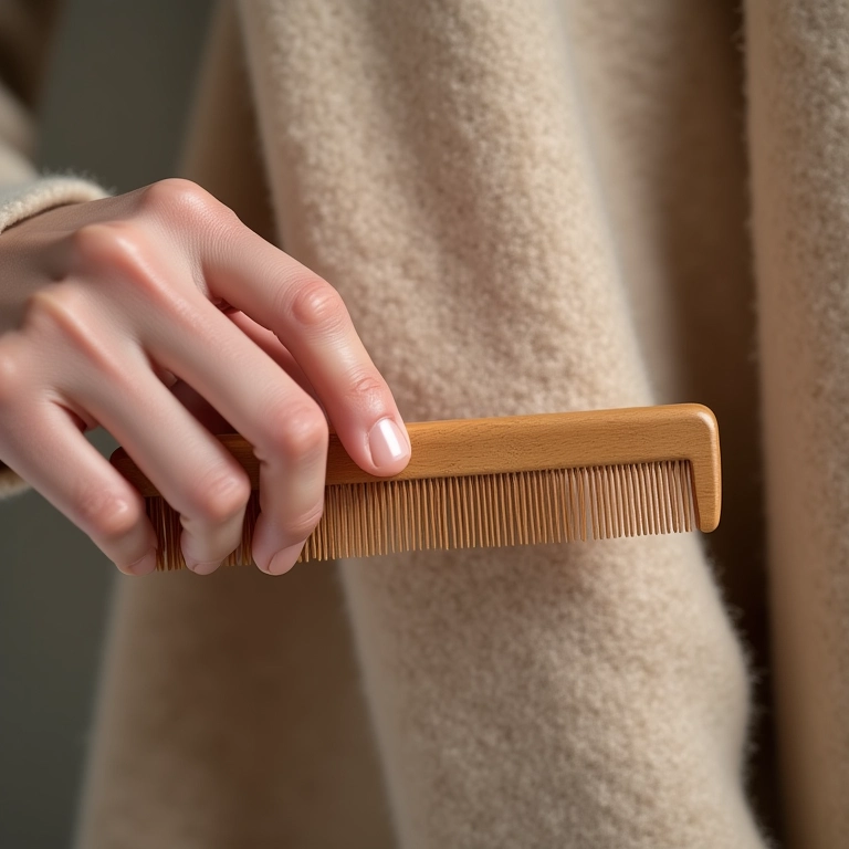 Removendo bolinhas de cashmere com pente fino.