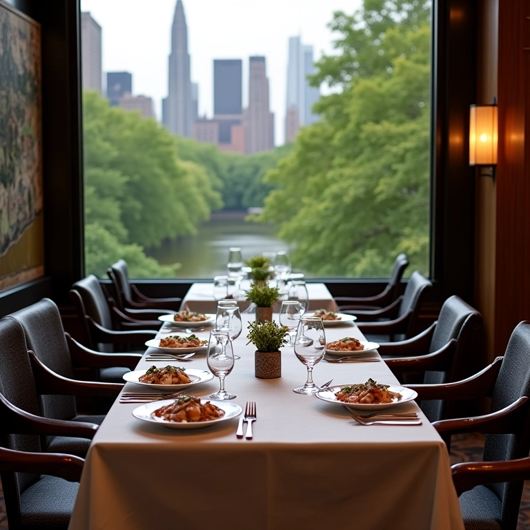 Restaurante Le Bernardin com vista para o Central Park, ambiente elegante.