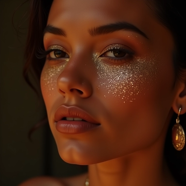 Rosto com maquiagem de glitter e brilho.