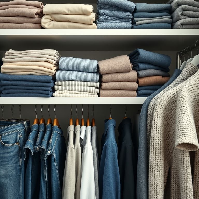Roupas categorizadas por tipo e cor em prateleiras.