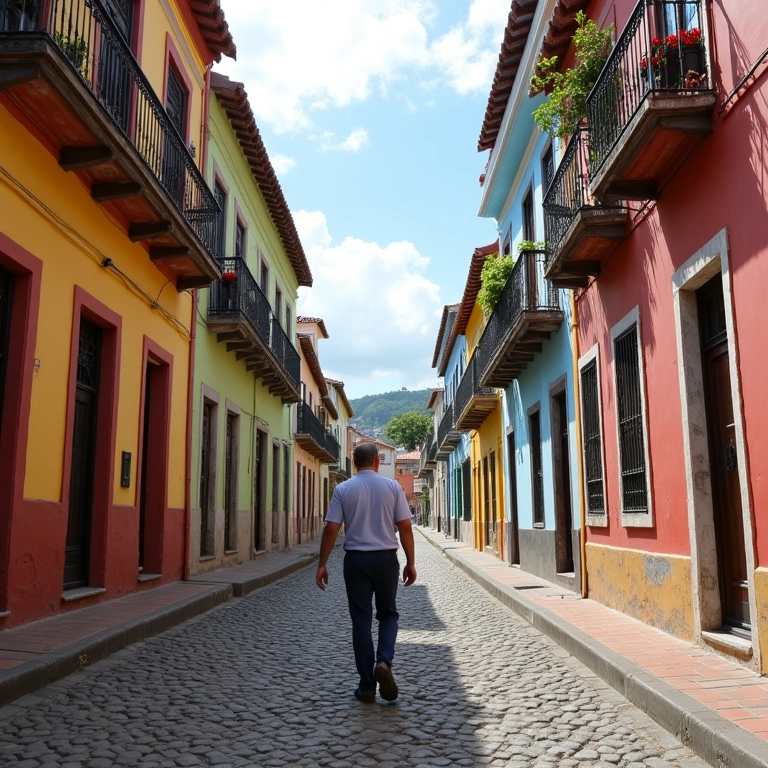 Rua charmosa no centro histórico de Florianópolis com edifícios coloniais coloridos.