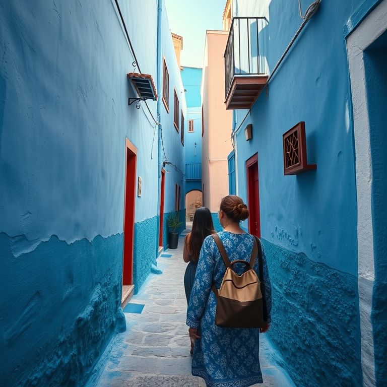 Ruas e paredes azuis de Chefchaouen, com uma mulher caminhando.
