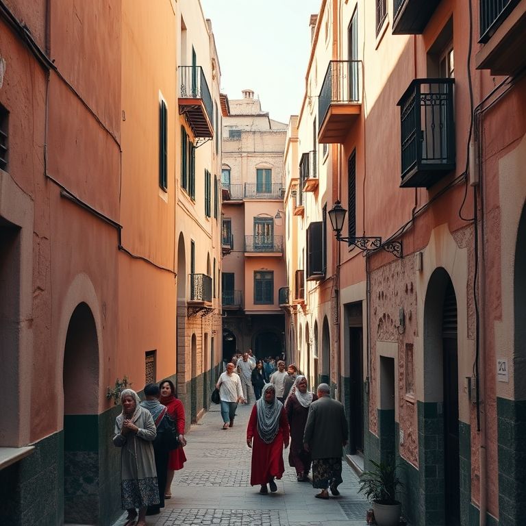 Ruas estreitas da medina de Fez, com arquitetura histórica.
