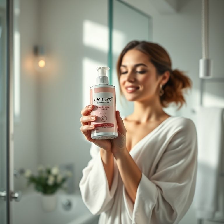 Sabonete íntimo Dermacyd Femina sendo usado por uma mulher.