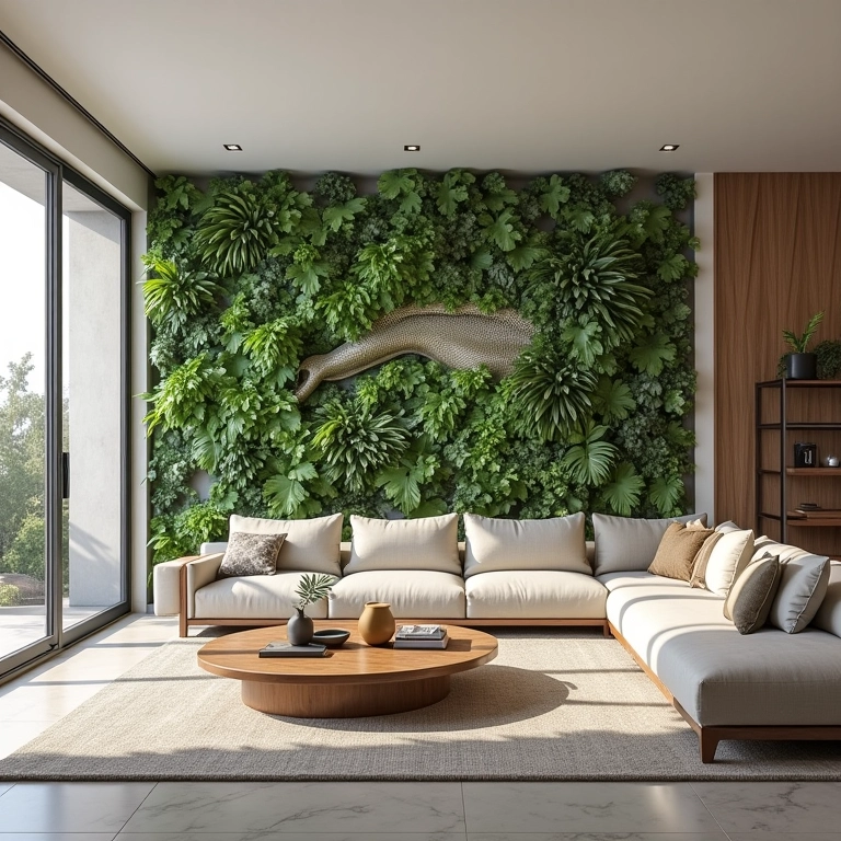 Sala de estar integrada dividida por um biombo decorativo.