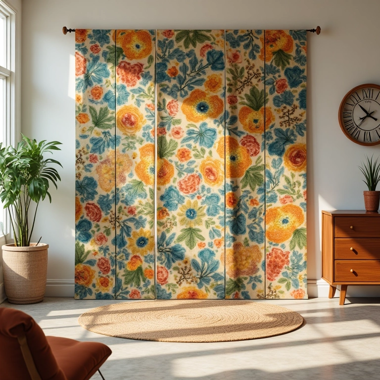 Biombos na Decoração: 10 Formas Criativas de Usar a Peça Sala de estar vibrante com biombos coloridos de estampas brasileiras.