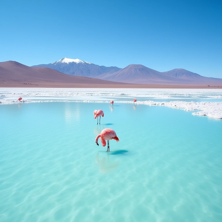 Salar de Atacama com lagoas turquesa e flamingos rosa.