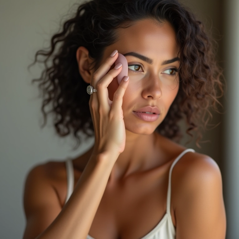 Selando a maquiagem com pó para controlar a oleosidade.