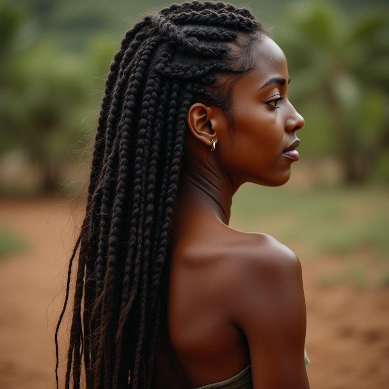 Semi-preso com torcidinhos em cabelo longo, mulher indígena brasileira, tons terrosos.